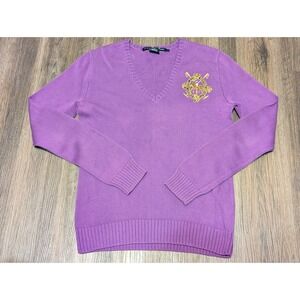 Ralph Lauren Sport V-Neck Cotton Knit Sweater Embroidered Logo Purple L (Fading)